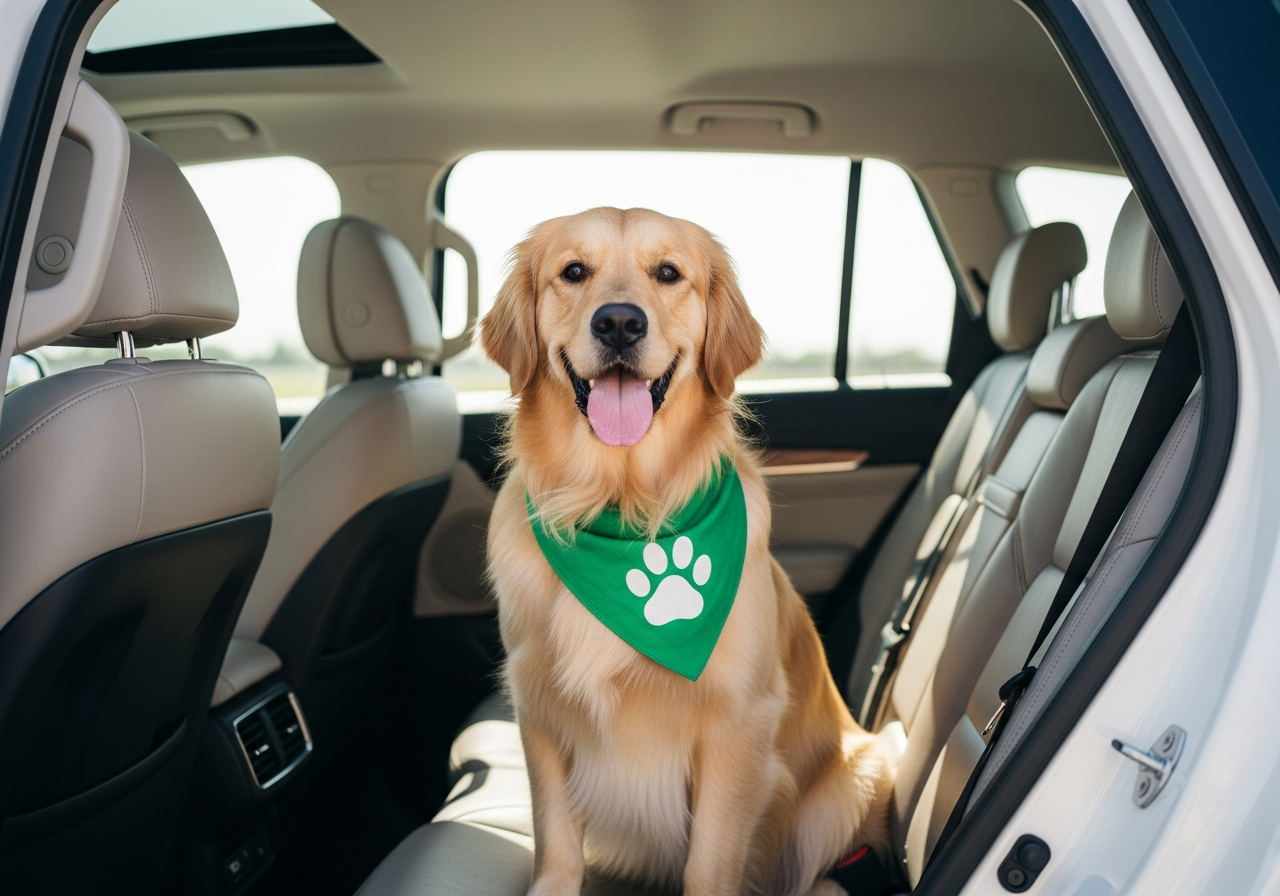 Golden retriever feliz en vehiculo Taxi Pet - transporte seguro de mascotas Lima